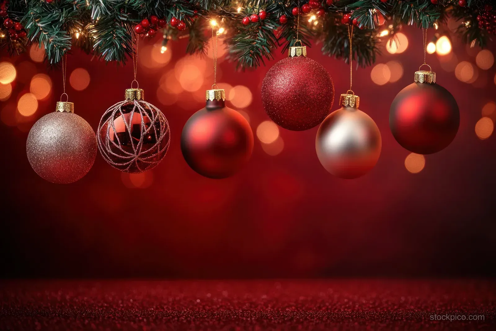 Red and silver Christmas baubles hang from pine garland with warm glowing bokeh lights behind them.