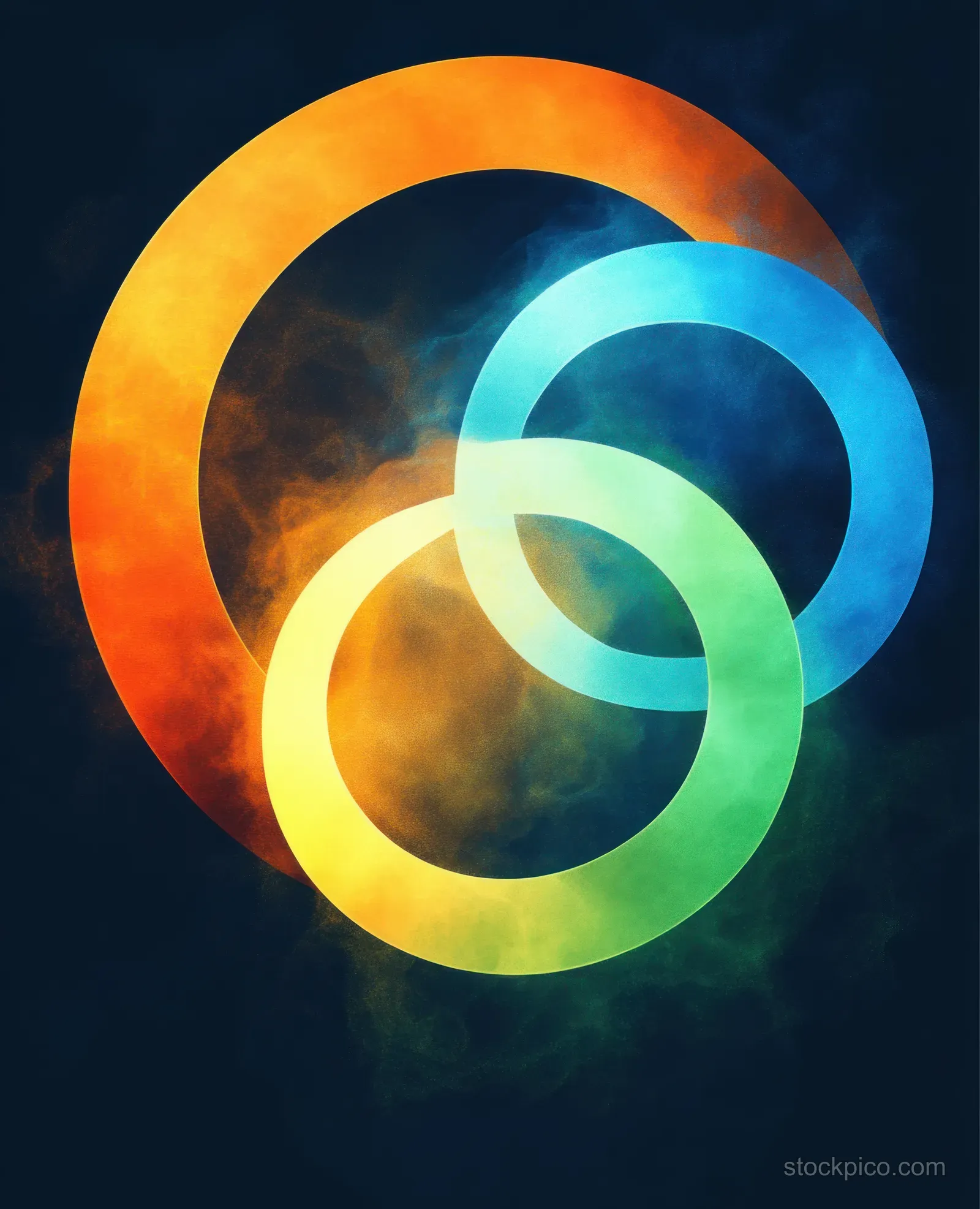 Three glowing interlocking rings in orange, blue, and green on a dark background.