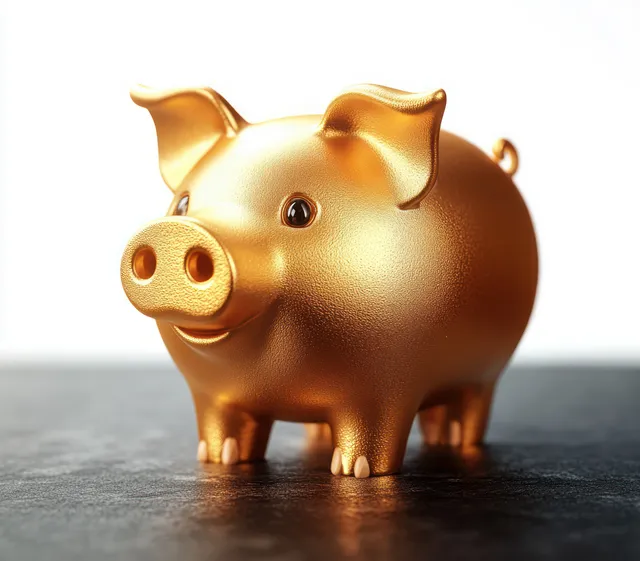 A shiny golden piggy bank stands on a dark surface in front of a bright background.