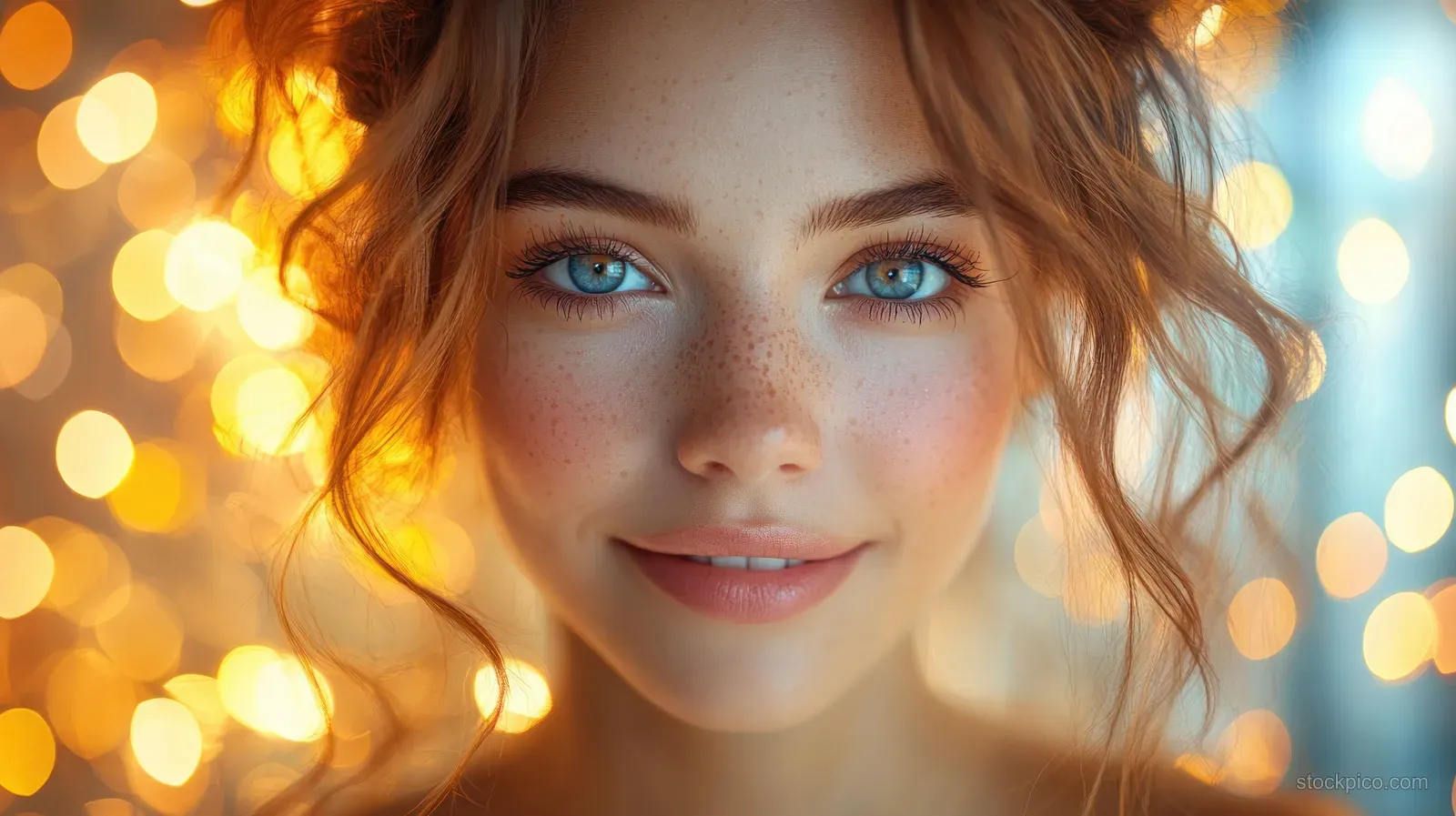 Smiling young woman with bright blue eyes in a close-up portrait surrounded by glowing fairy lights and colorful candy bokeh.