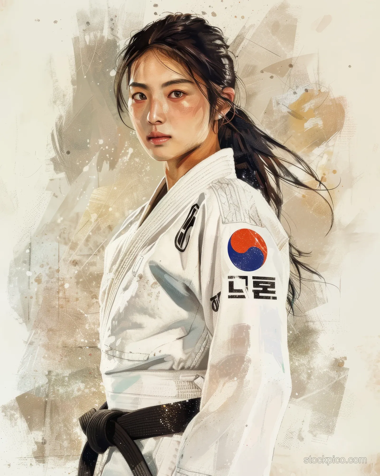 South Korean female judoka in a white gi with a flag patch holds a throwing stance against an ink-splash background.