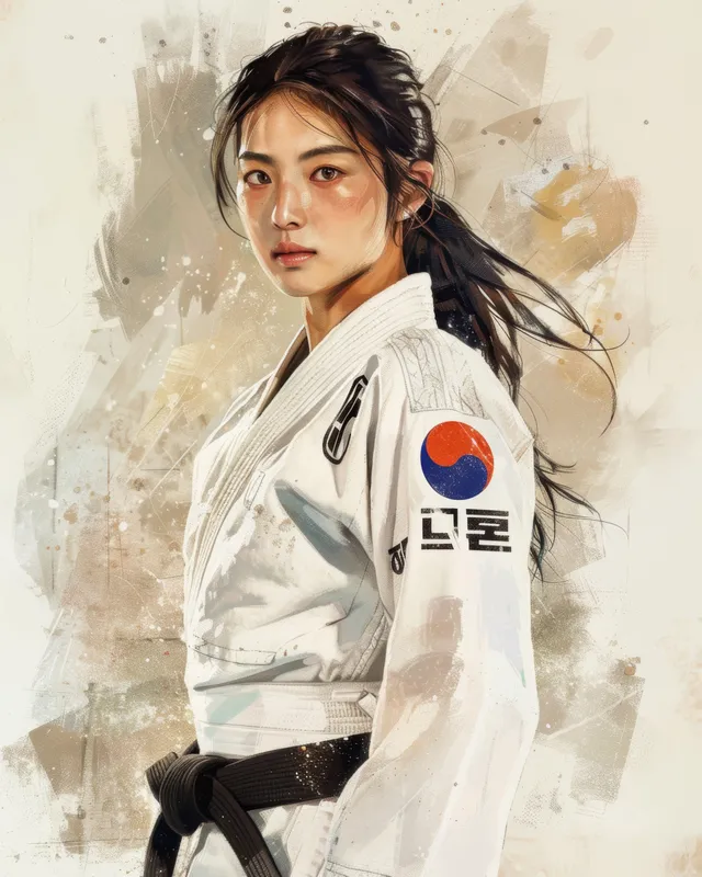 South Korean female judoka in gi with national flag patch throwing a grip