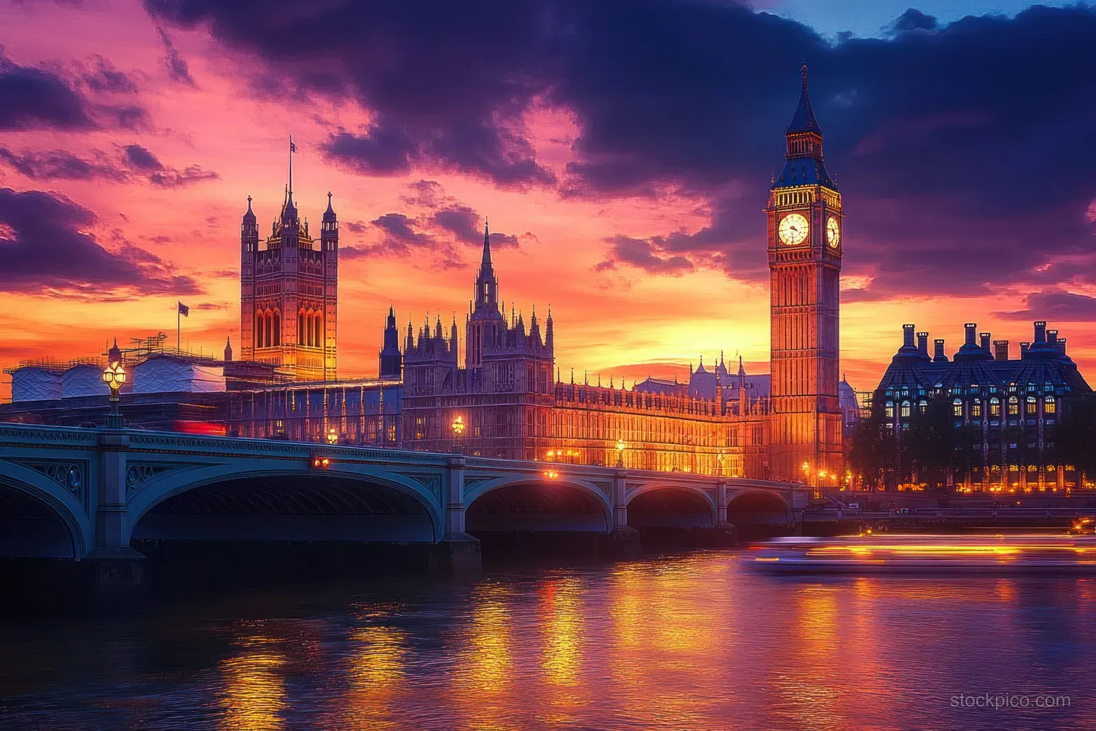 Illuminated historic buildings and a clock tower glow across a calm river with sunset reflections and dramatic clouds.