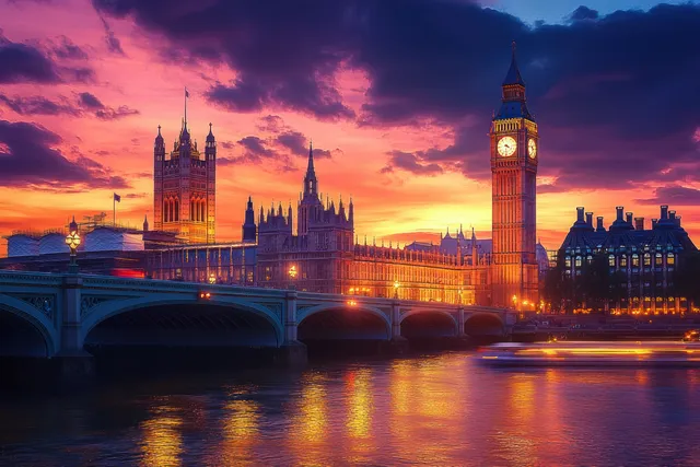 Illuminated historic buildings and a clock tower glow across a calm river with sunset reflections and dramatic clouds.
