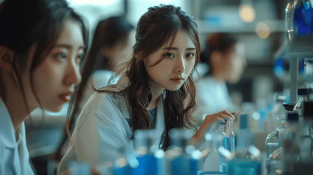 Scientist pipetting blue liquid at a lab bench with flasks and test tubes in the background.