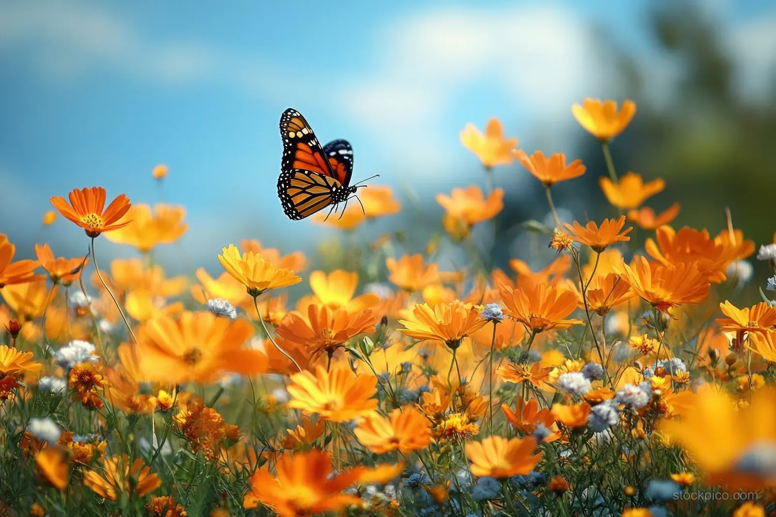 A butterfly hovers over orange and yellow wildflowers in a sunny field beneath a bright blue sky.