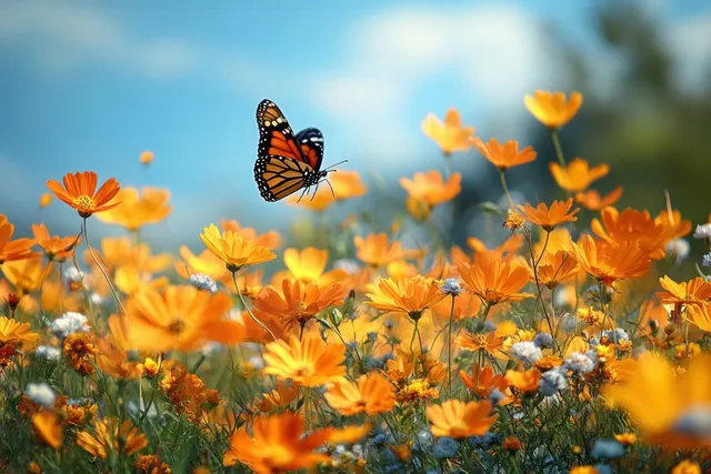 Orange and yellow wildflowers sway as a butterfly hovers under a bright blue sky