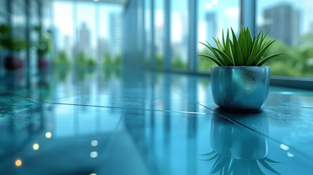 Potted green plant sits on a glass conference table counter in a bright office with panoramic windows.