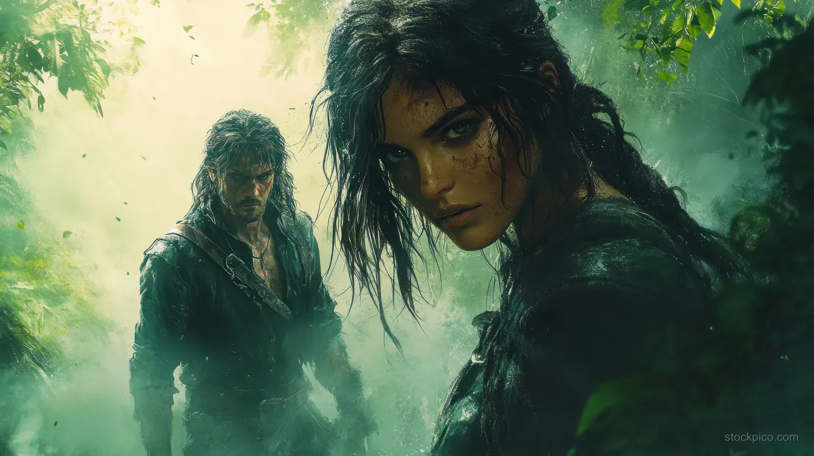 Two back-to-back fighters in a dark misty forest with green-tinted dramatic lighting and intense faces.