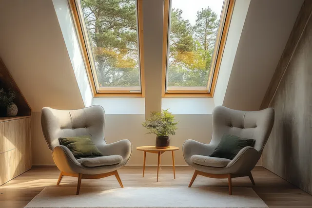 Two cream armchairs face a small wooden table with a potted plant in a sunlit attic window nook.