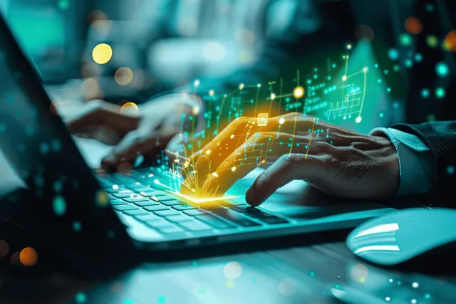 Hands using a laptop interface for secure document search and data access control