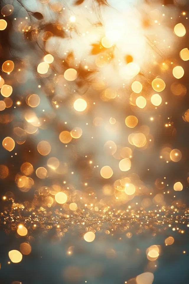 Warm golden bokeh lights with silver glitter shimmer across a soft abstract background with bright copy space.