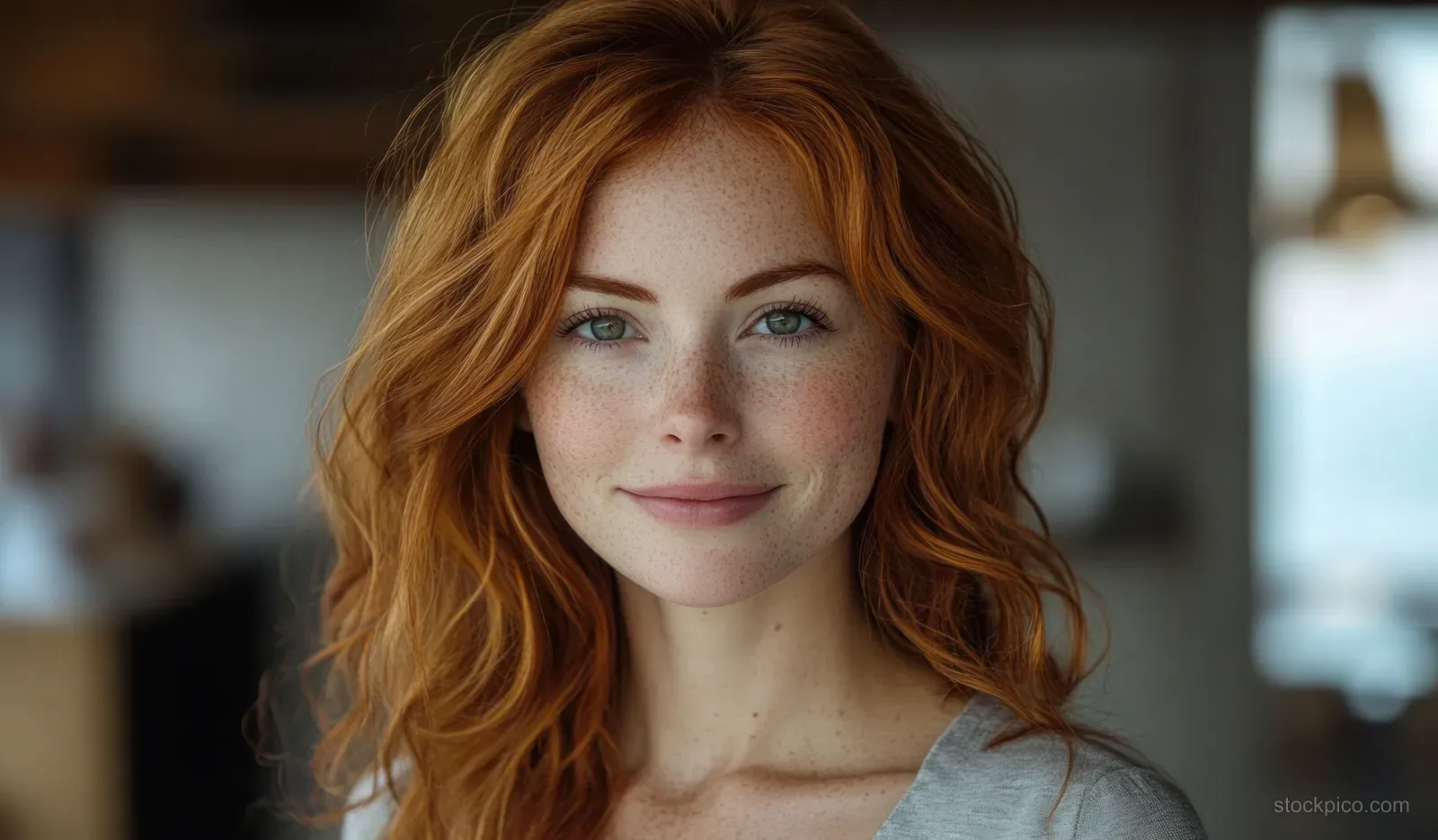 A redhead woman smiles while applying moisturizer to her face in a softly lit spa-like room.
