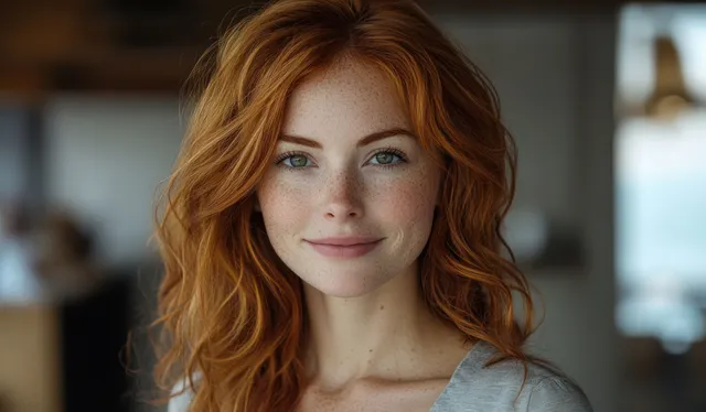 A redhead woman smiles while applying moisturizer to her face in a softly lit spa-like room.