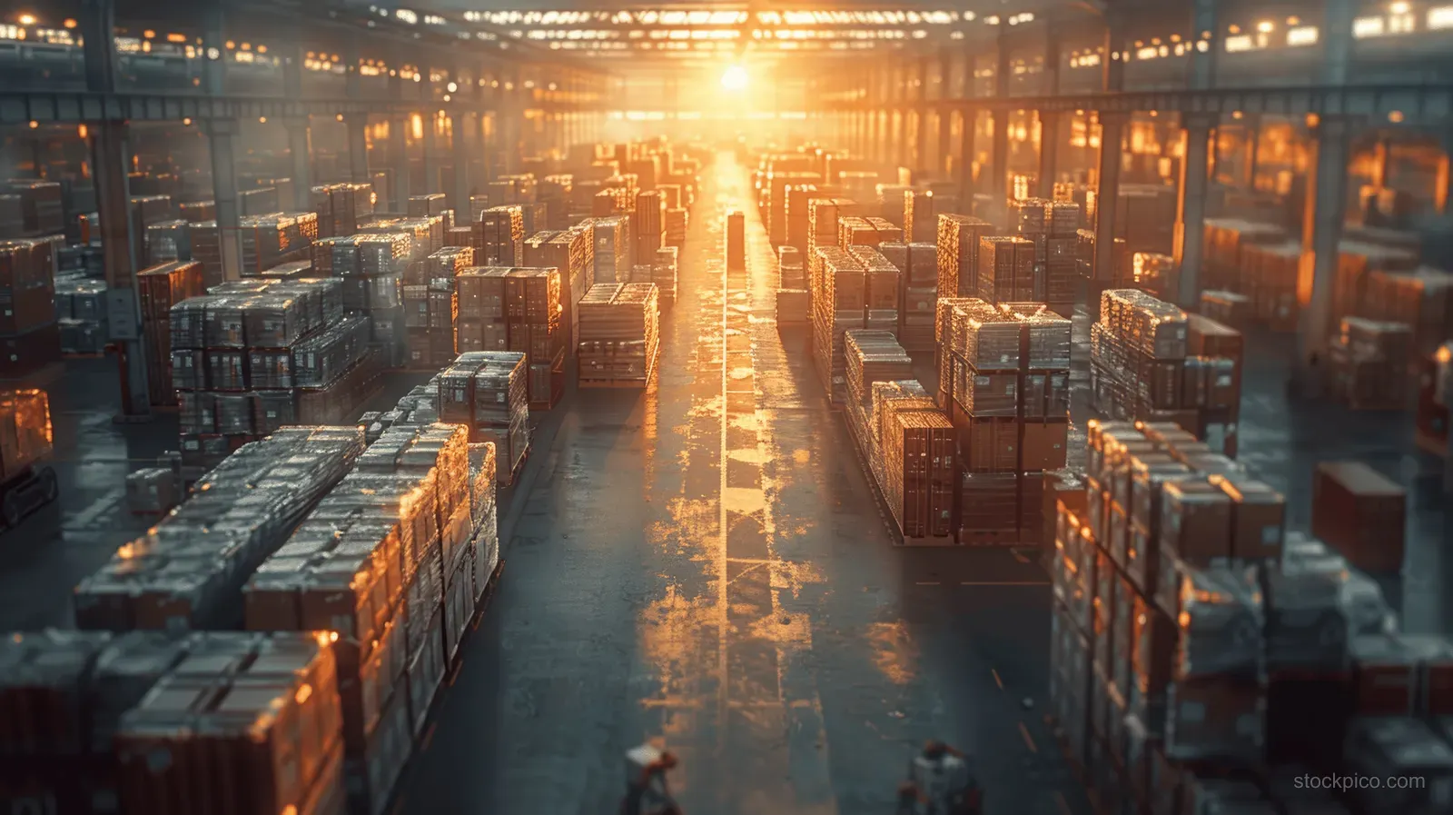 Sunset light shines down a warehouse aisle filled with stacked pallets and cardboard boxes.