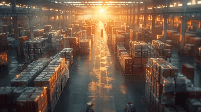 Sunset light shines down a warehouse aisle filled with stacked pallets and cardboard boxes.
