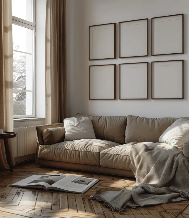 Brown fabric sofa sits against white walls beneath empty picture frames while sunlight enters from a window.