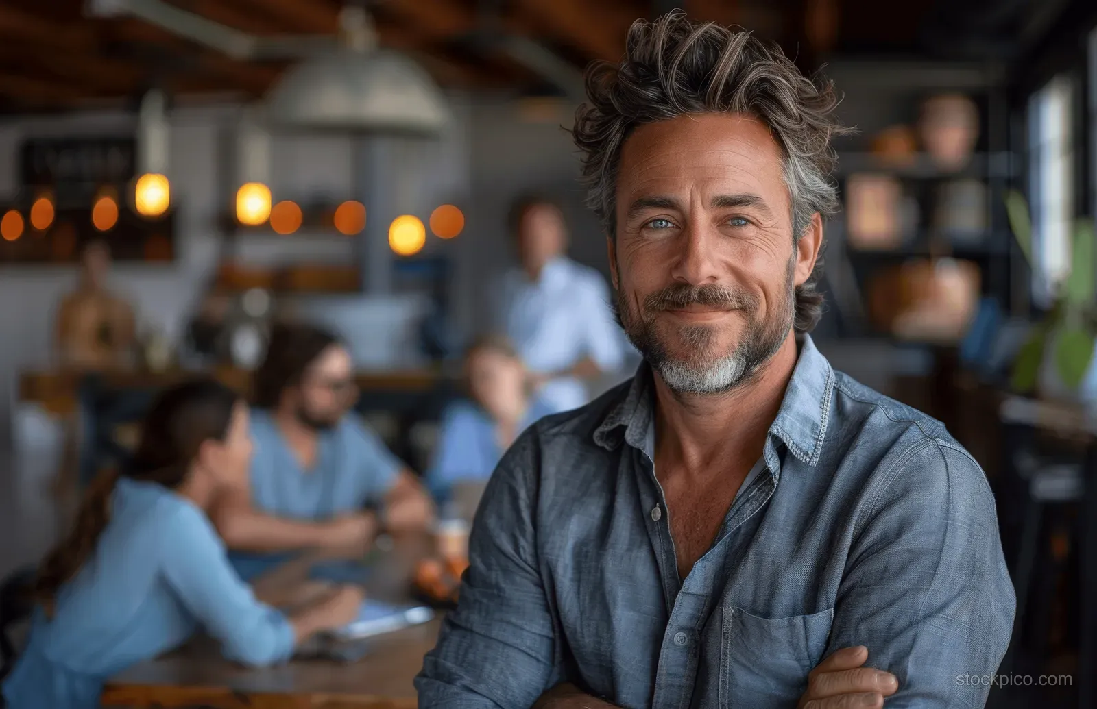 Smiling businessman with crossed arms in a boardroom while teammates work on a business project in the blurred background.
