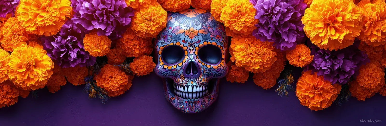 Blue sugar skull centered under a colorful marigold pom-pom garland against a purple background.