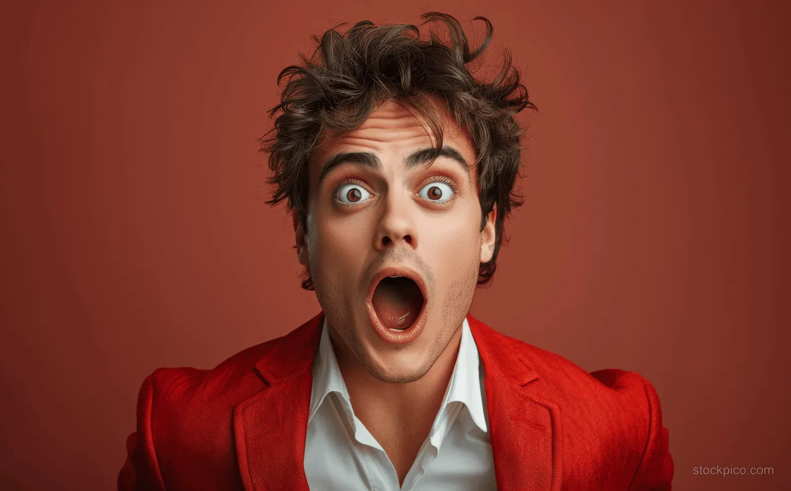 A surprised young businessman in a red blazer shows shock with wide-open mouth against a light background.