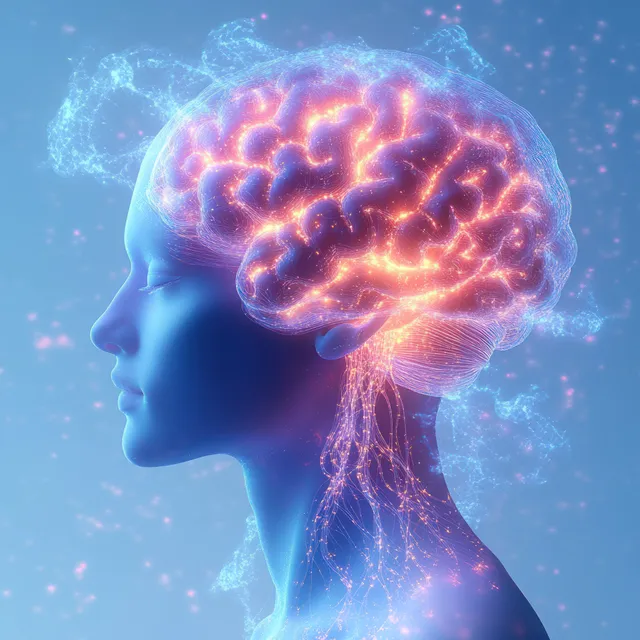 Surreal glowing brain silhouette with neural network light trails on blue haze background
