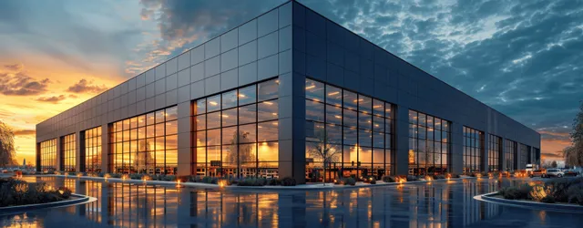 Blue hour industrial logistics building with a glass facade reflected in a parking yard.