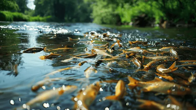 Dead fish floating in polluted river water near green banks