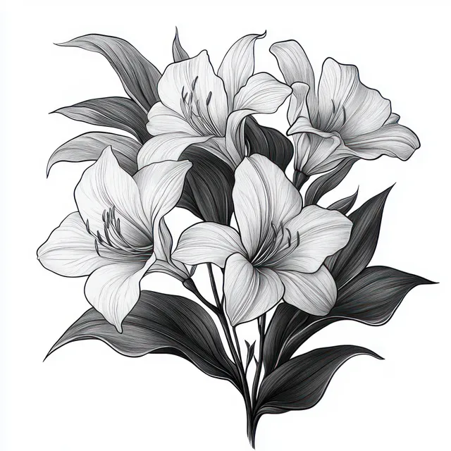 Monochrome illustration of blooming lilies with elongated leaves and detailed line shading on a clean background.