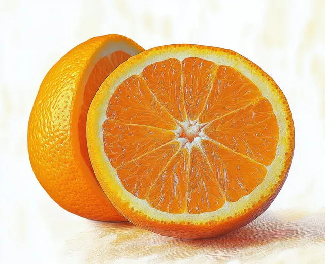 Halved orange with visible juicy segments and textured peel on a bright background.