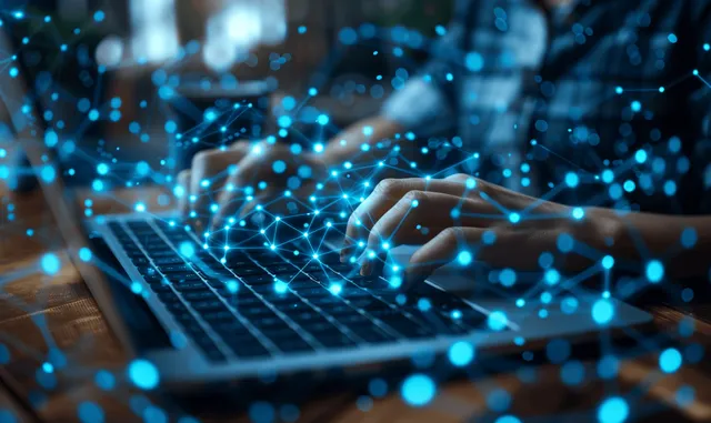 Hand on a laptop keyboard with a glowing network survey interface and checkbox form elements on screen.