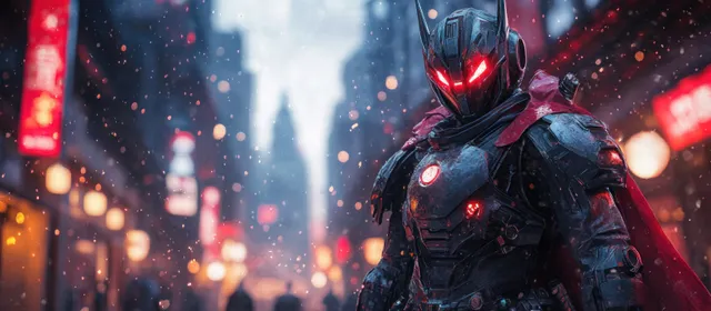 A futuristic samurai robot warrior stands in a neon cyberpunk night city with a glowing sword and falling rain.