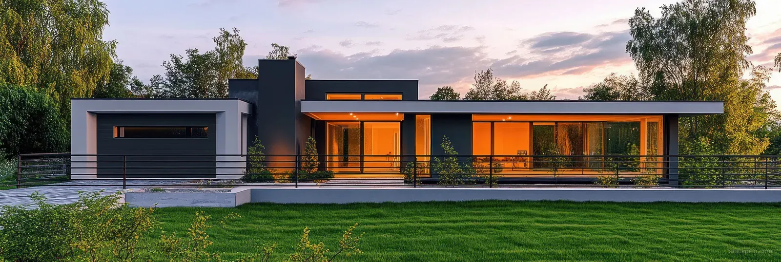 Symmetrical minimalist Scandinavian house exterior with warm sunset light over glass windows and trimmed lawn.