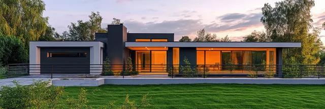 Symmetrical minimalist Scandinavian house exterior with warm sunset light over glass windows and trimmed lawn.