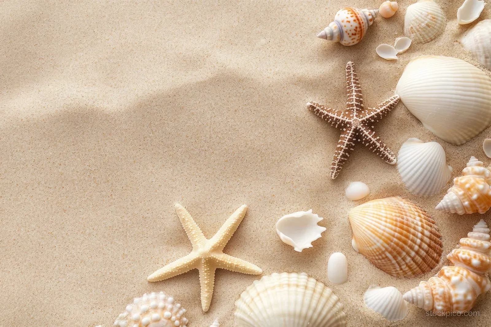 Seashells and starfish lie scattered on golden sand in a top-view beach background.