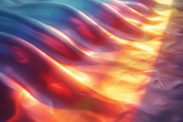 Radiant rainbow light flare waves on white holographic background, prism-like spectrum glow
