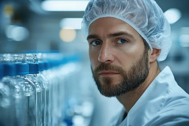 Laboratory worker in cleanroom bottling line, holding a glass bottle under soft sterile lighting