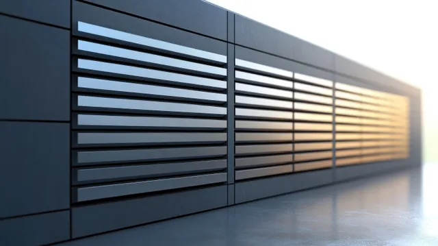 A dark metal fence panel with horizontal slats mounted on an exterior wall with soft sunlight across the bars.