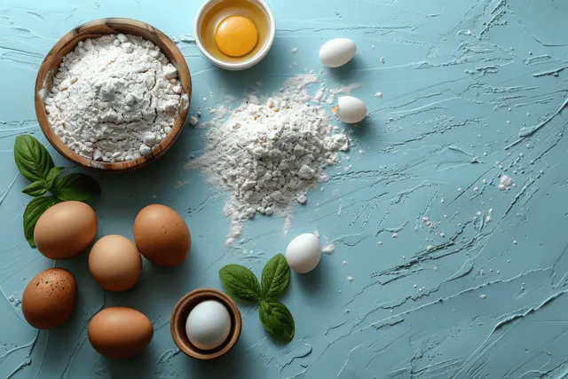 Flour and cracked eggs with basil leaves are arranged on a blue textured surface in a top-down layout.