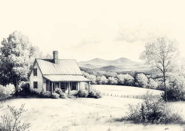 Cozy cabin on rolling hills under a soft misty sky with distant mountain silhouettes