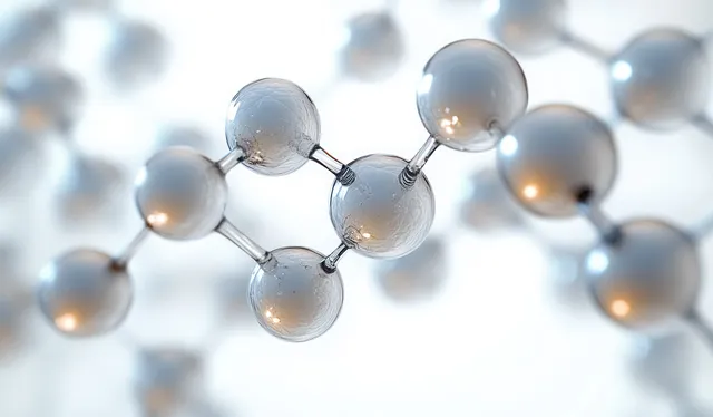 Glass-like atomic spheres connected by glowing chemical bonds in a blurred scientific backdrop.