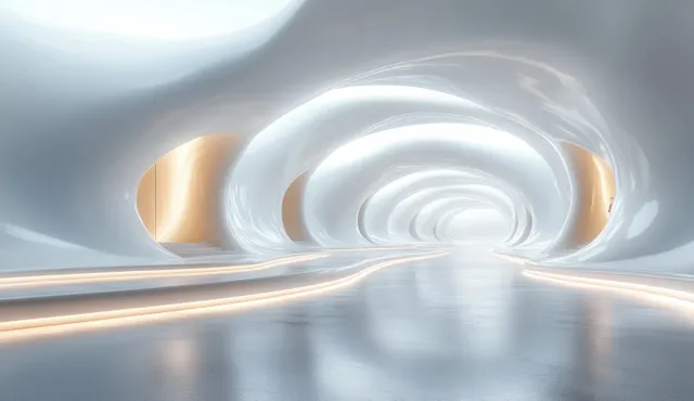 A glowing white futuristic corridor with curved walls and circular light streaks fading into the distance.