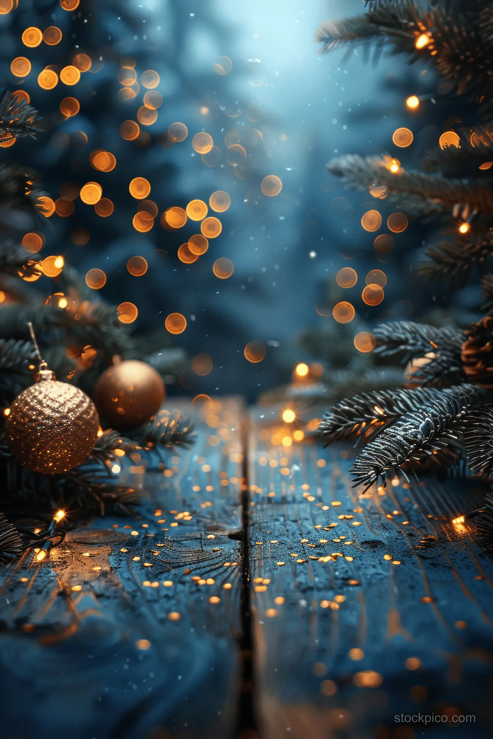 Golden ornaments and glowing bokeh lights hang over a blue snowy forest with falling snow.