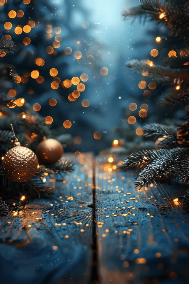 Blue night forest with glowing bokeh lights, golden ornaments, and falling snow