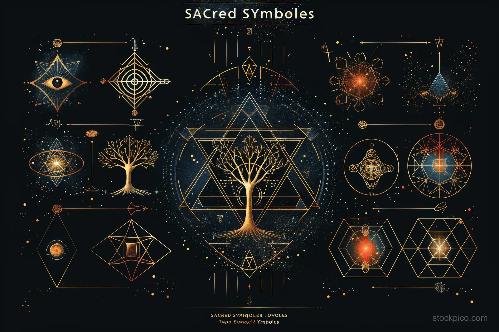 Golden sacred geometry symbols including flower of life, tree of life, and metatron’s cube on a dark starry background.