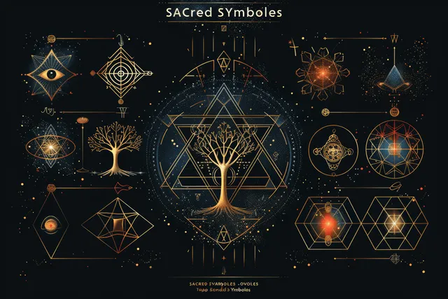 Sacred geometry symbols set with flower of life, tree of life, and metatron’s cube