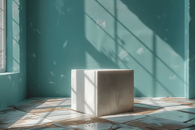 Minimalist teal room with white cube box and sunlit shadow patterns across tiled floor
