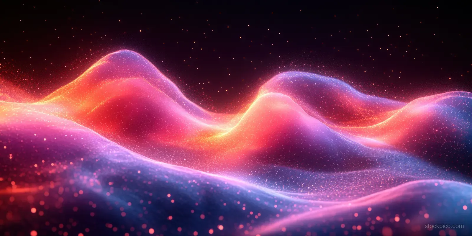 Neon wavy energy lines glow across a dark space background with sparkling particles and a rhythmic waveform feel.