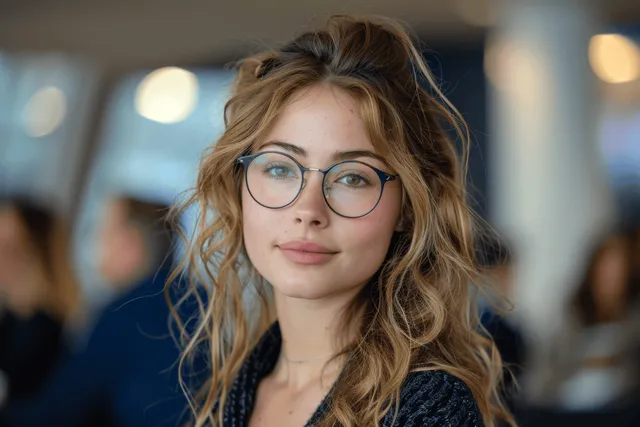 Young woman with glasses posing indoors with wavy hair and soft natural bokeh