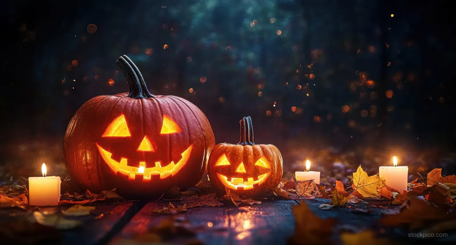 Two glowing jack-o'-lantern pumpkins sit on a wooden surface near lit candles and scattered autumn leaves in a dark nighttime scene.