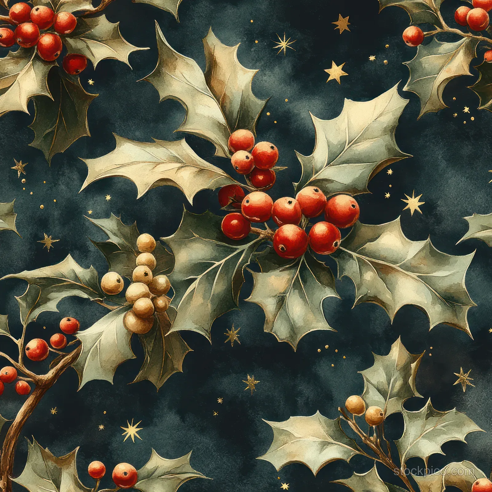 Seamless watercolor holly leaves, red berries, and gold stars with vintage confetti on a dark green background.